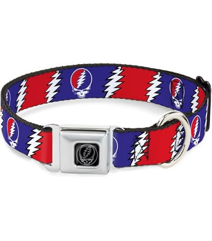 Buckle-Down Hundehalsband Aus Sicherheitsgurt-Material – Grateful Dead 'Steal Your Face' Design – 1,5 Zoll Breit, Für Halsumfang 18-32 Zoll