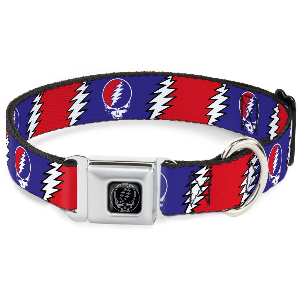 Buckle Down DC-WGD019-L Seatbelt Dog Collar, Large, Steal Your Face w/Lightning Bolt Repeat Red/White/Blue