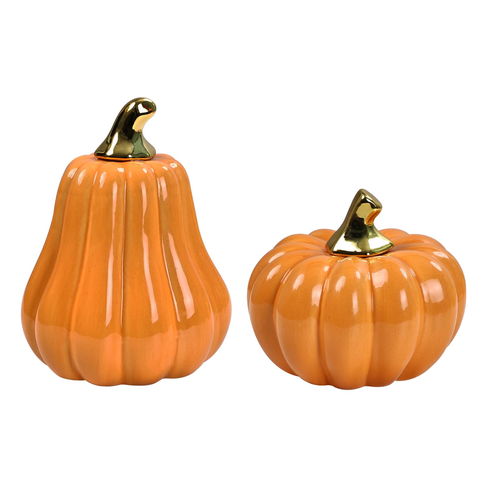 Photo 1 of LOHASTOUR Set of 2 Ceramic Pumpkin Decor, Fall Autumn Harvest Decoration, Artificial Pumpkins for Halloween Thanksgiving, Farmhouse Table Centerpiece Mantel Shelf Decor(orange)