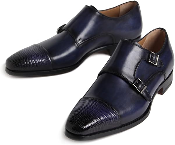 Amazon マグナーニ メンズ リザード ダブルモンク ストラップ シューズ ダークネイビー 靴 42 26 5 27 0cm Dark Blue ネイビー Magnanni マグナーニ ビジネスシューズ