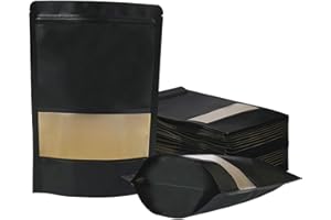Funnyleaf 100 PCS Reusable Black Kraft Paper & Plastic Stand Up Bags with Matte Window & Zipper Closure, 4.72 * 7.87 Inch, Ai