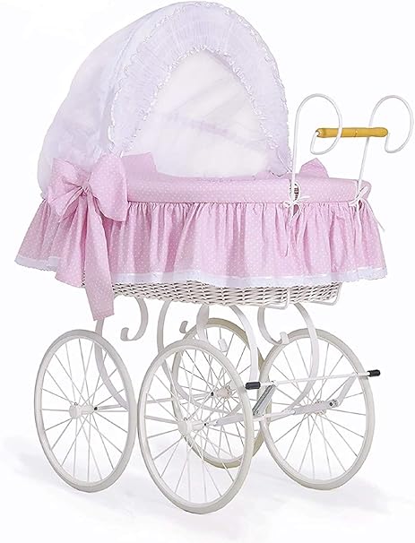 pink and white moses basket