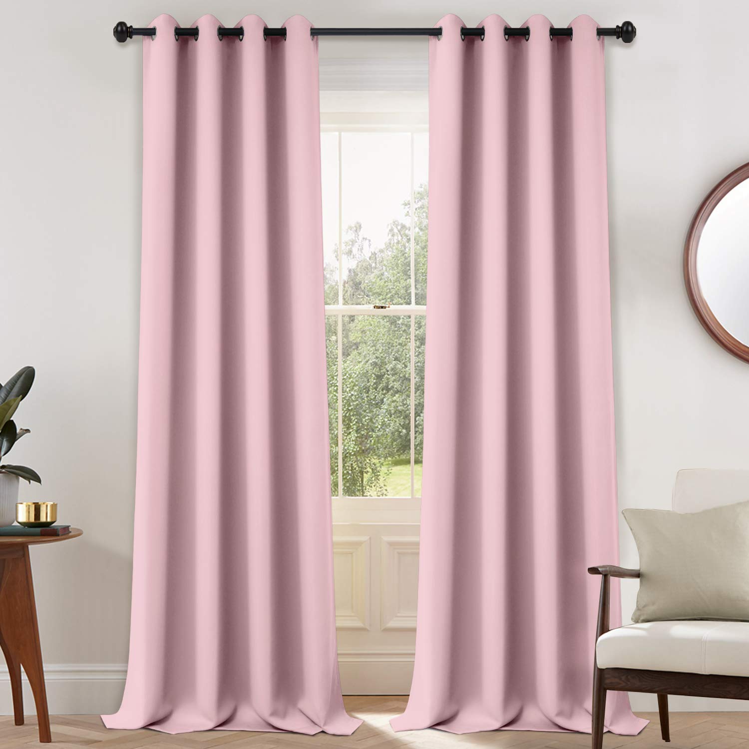 Yakamok Light Blocking Window Blackout Curtains Thermal Insulated Room Darkening Drapes for Bedroom,Solid Grommet Top Window Panels, 52x108 Inch, Pink, One Pair