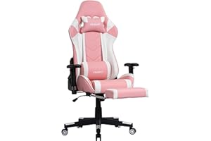OHAHO Gaming Chair Racing Style Office Chair Adjustable Massage Lumbar Cushion Swivel Rocker Recliner High Back Ergonomic Computer Desk Chair with Retractable Arms and Footrest (Pink/White)