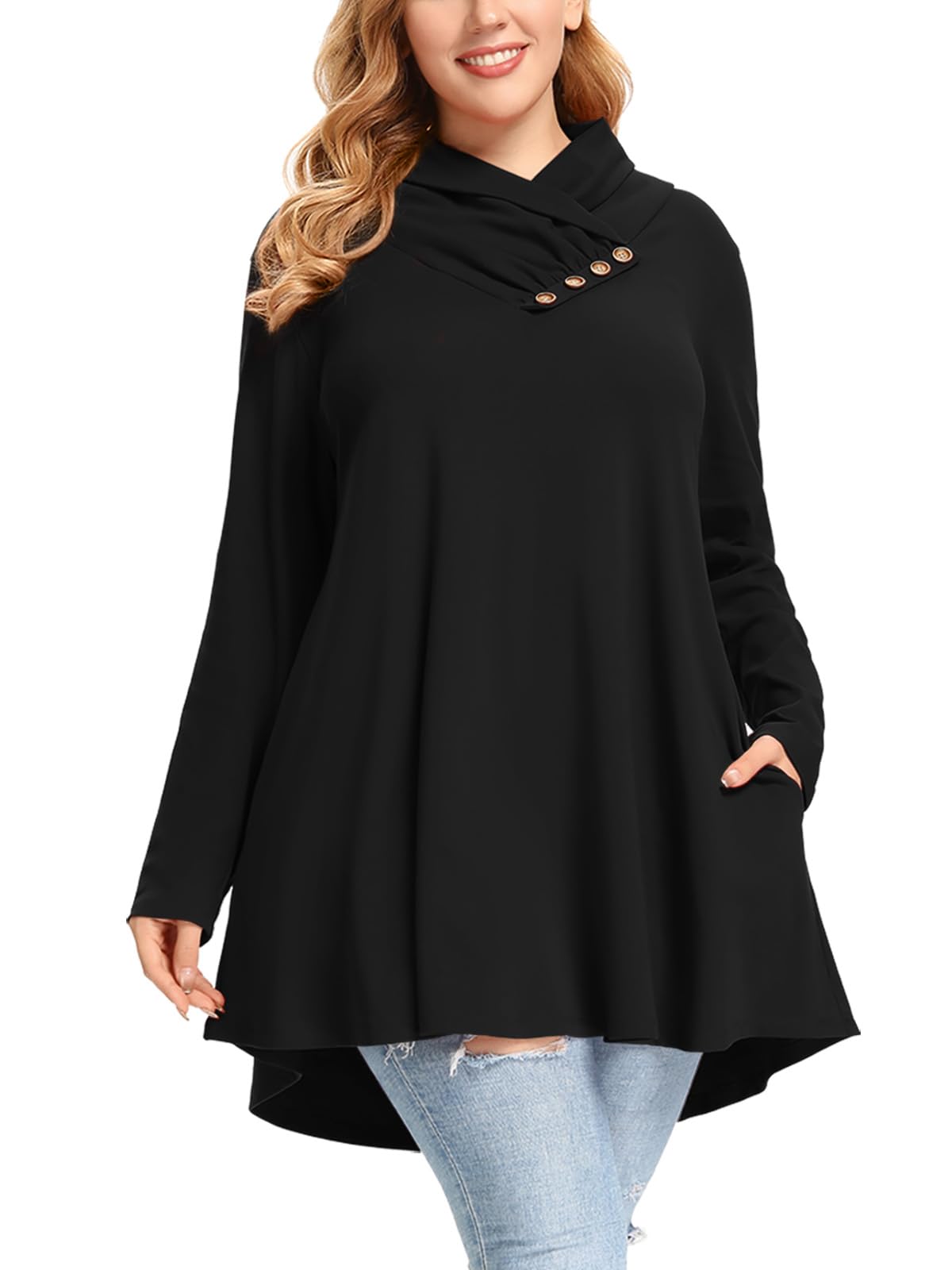 Photo 1 of **MINOR DAMAGE**
LARACE Cowl Neck Sweatshirts For Women Plus Size Tops With Pockets Long Sleeve Tunic Casual Pullover Button Down Shirt(Black 2X)