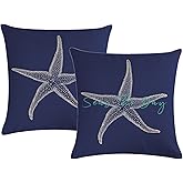 Set Of 2 Seas The Day Throw Pillow Cover Beach Starfish On Navy Blue Background Cushion Cover Coastal Sea Theme Home Decorative Pillowcases 18" x 18" for Sofa Couch Porch (18" x 18", Navy Blue)