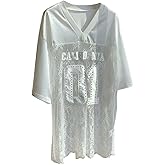 MakeMeChic Lace Jersey Shirts for Women V Neck Letter Graphic Tee Oversized Sheer Tops