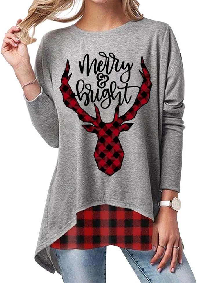 Amazon.com: Womens O-Neck Buffalo Plaid Splicing Christmas Funny