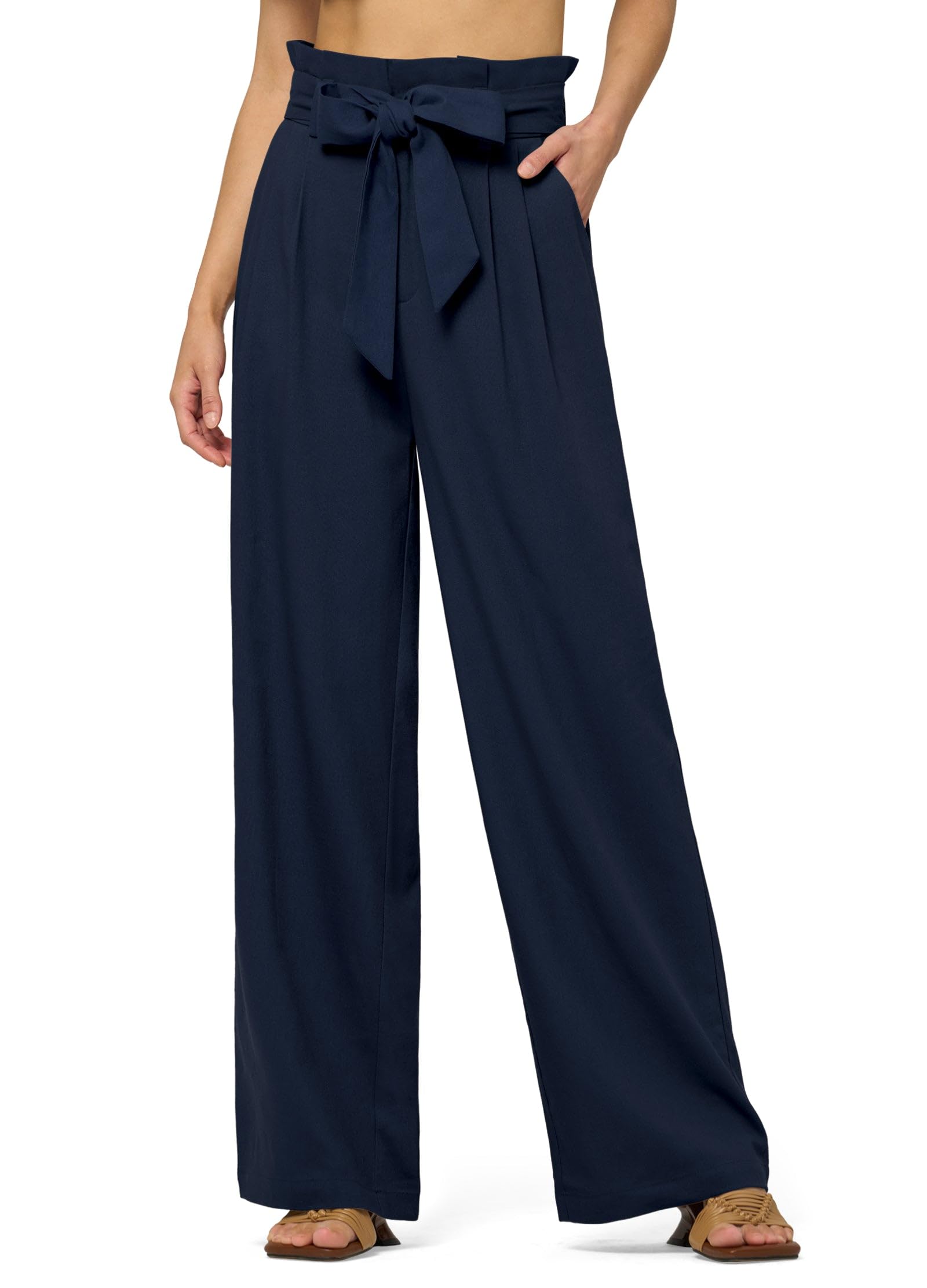 Photo 1 of (MEDIUM) (BAGGED) Willit Women Linen Pants Casual Wide Leg Dress Pants High Waisted Paperbag Work Trousers Summer Tie Knot Pockets 30" Navy Blue M