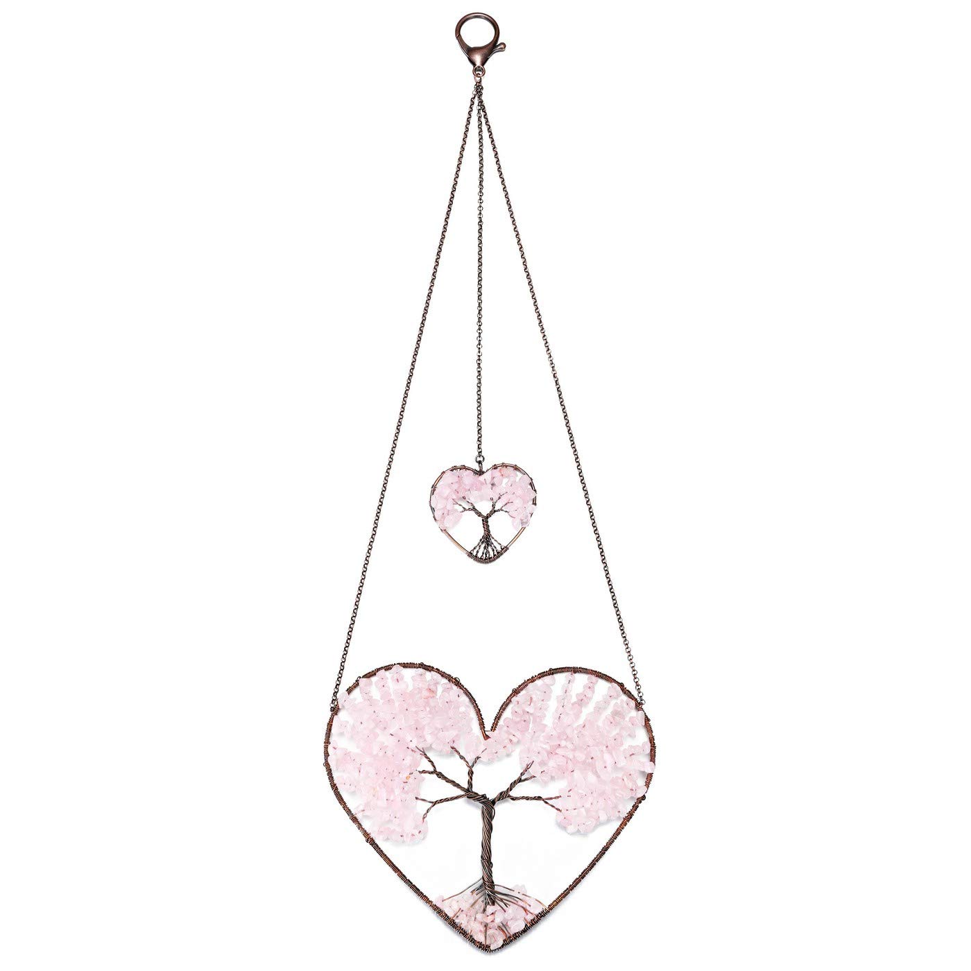 PESOENTH Rose Quartz Crystal Tree of Life Heart Wall Hanging Decor Gifts for Women,Bohemian Pink Healing Crystals Reiki Stones Ornaments Spiritual Gifts Christmas Tree Home Hanging Decorations