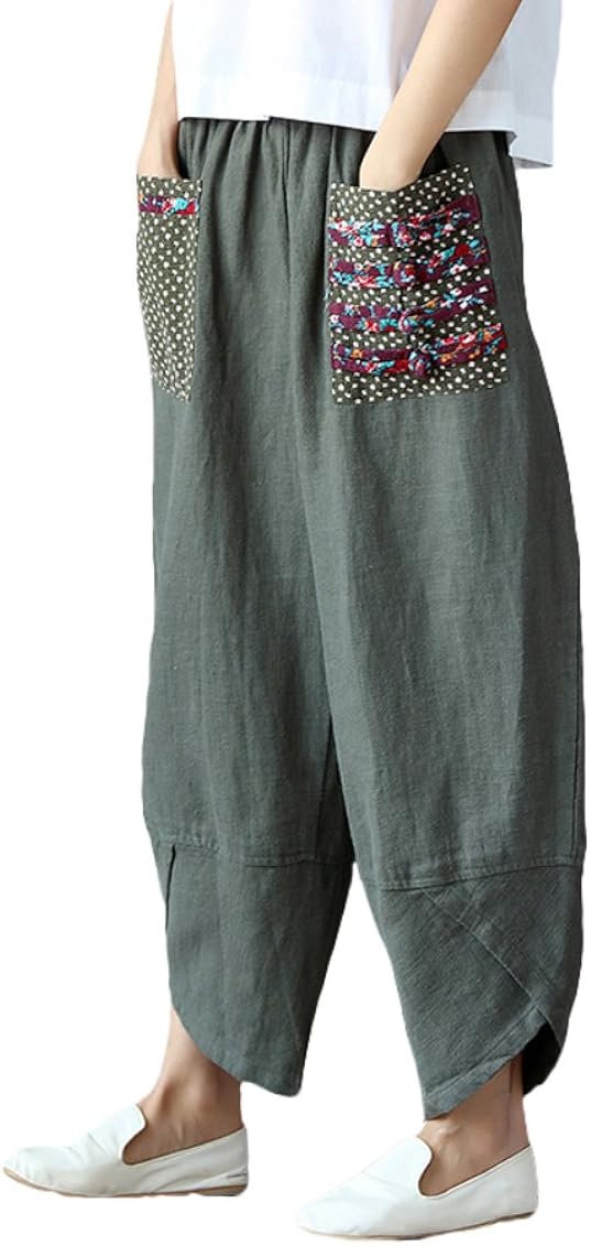 FTCayanz Women's Linen Wide Leg Pants Baggy Tapered Cropped Pants Elastic  Waist Trousers Army Green Medium at Amazon Women's Clothing store