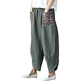 Minibee Women's Baggy Linen Wide Leg Trousers Casual Patchwork Elastic Waist Harem Pants