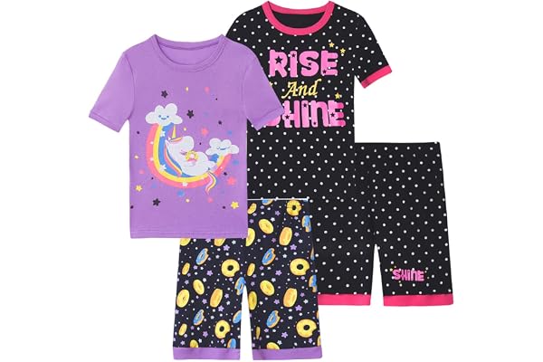 Vopawetty Girls Pajama Set, 4-Piece Cotton Pajamas Short PJs Kids Sleepwear