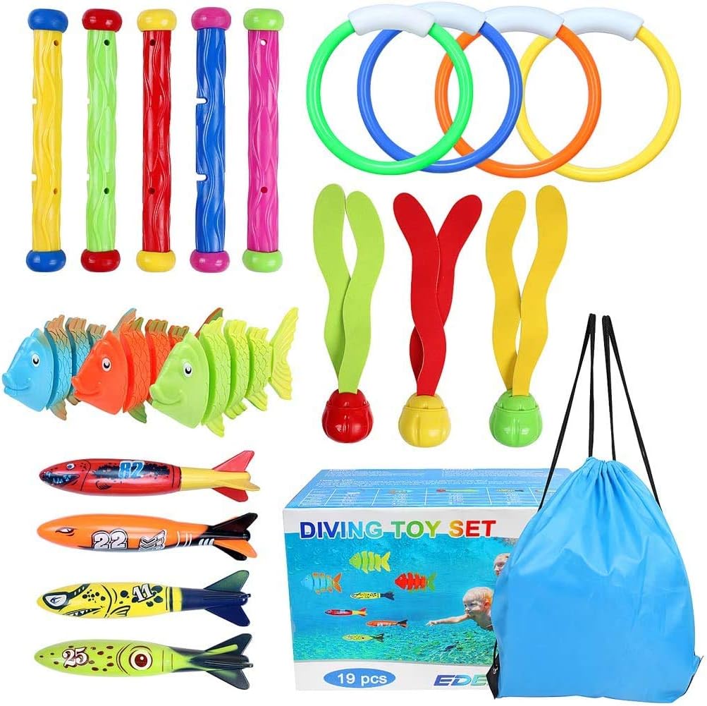 OWUDE 19PCS Pool Diving Toys Set Diving Rings Diving Toypedo Diving