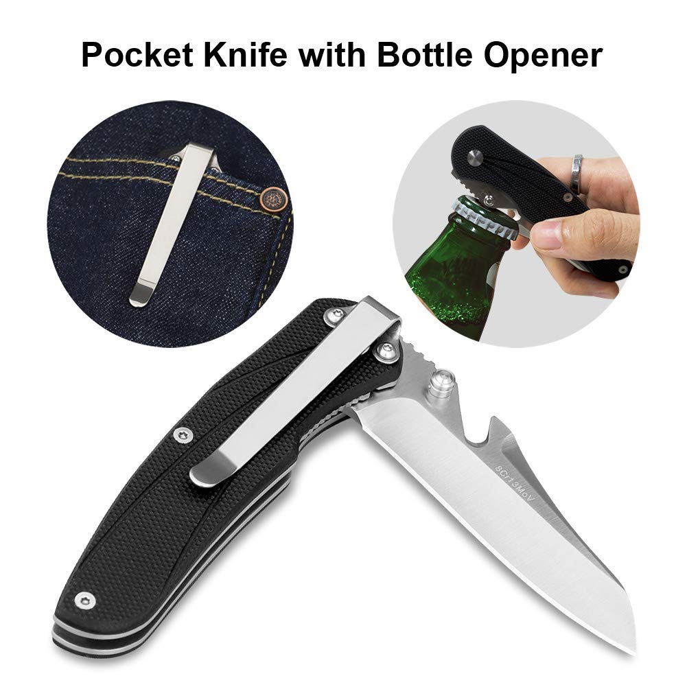 Folding Pocket Knife with 3.15” 8Cr13MoV Stainless Steel Blade, G-10 Handle, Liner Lock, Bottle Opener, Belt Clip EDC Tactical Knife Perfect for Outdoor Hunting Camping Everyday Carry