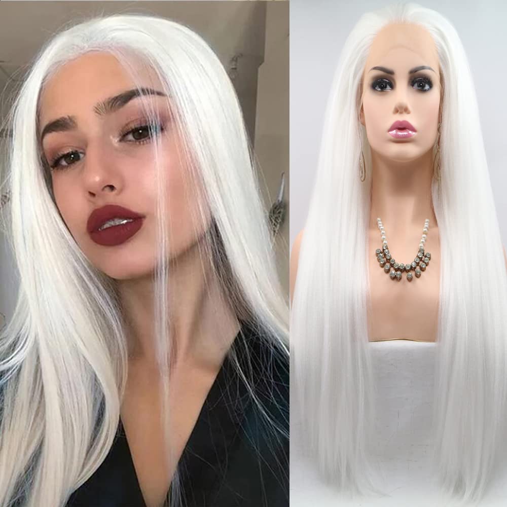 xiweiya 1001# Platinum Blonde Yaki Straight Lace Front Wigs Pure White Color Kinky Straight 13 * 3 Lace for Black Women Heat Resistant Fiber Wig for Halloween Cosplay Wigs — image 1