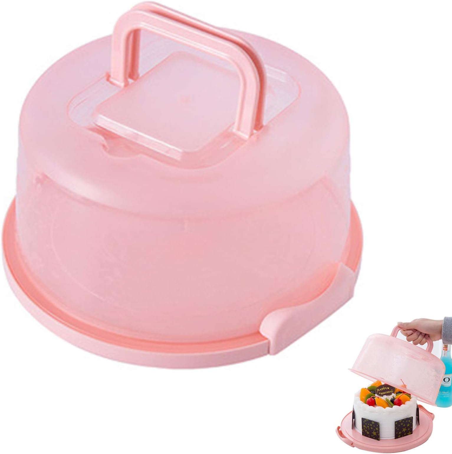 Cake Container with HandleCake Keeper Box Party Transport Box for Food Cupcake Carrier with Handle Cake Keeper Box Cake Holder Round Cake Caddy with Lid Carry Handle and Easy Locking System Pink