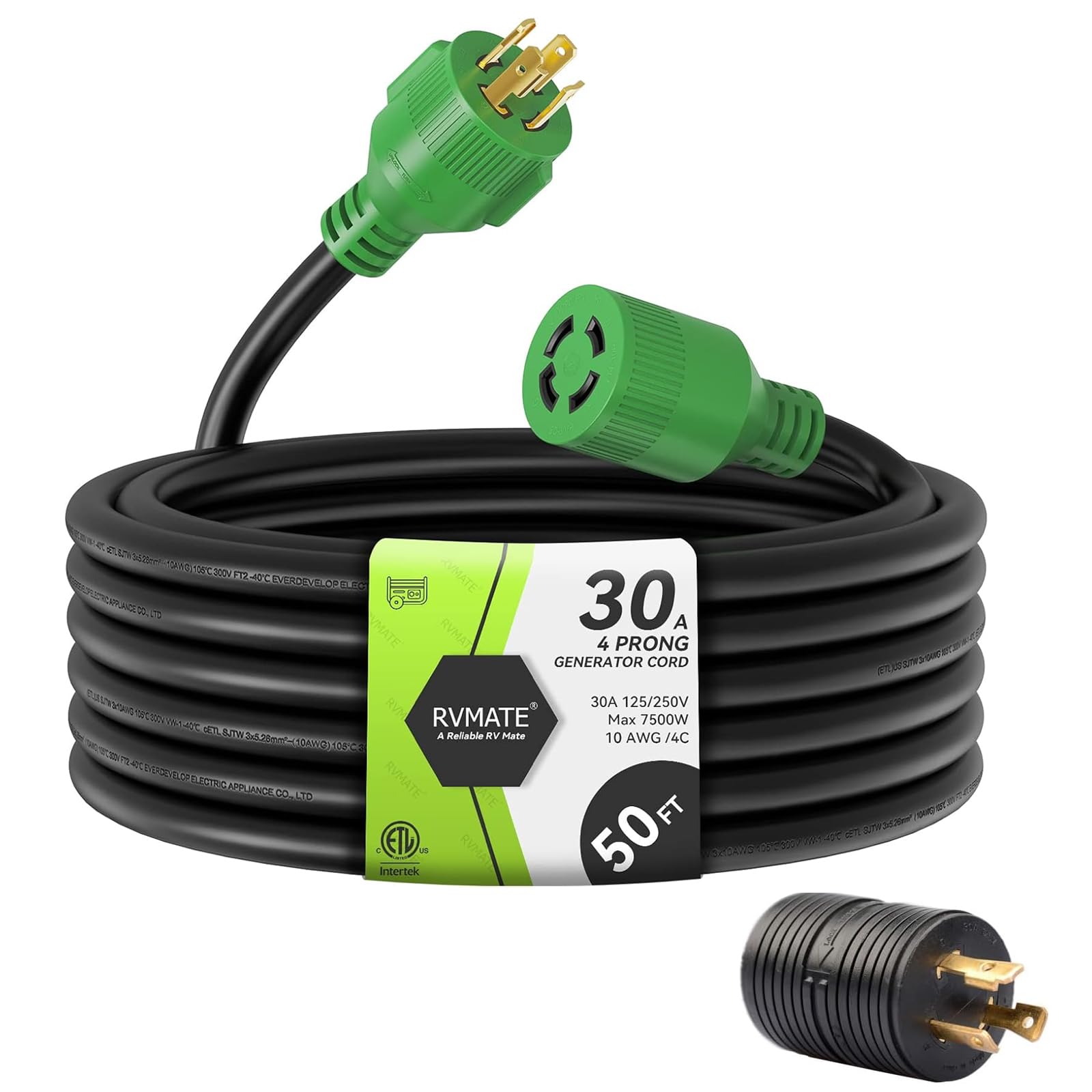 Photo 1 of RVMATE 30 Amp Generator Cord 4 Prong 50 Feet, NEMA L14-30P/L14-30R, 125/250V Up to 7500W 10 Gauge SJTW Generator Extension Cord, ETL Listed
