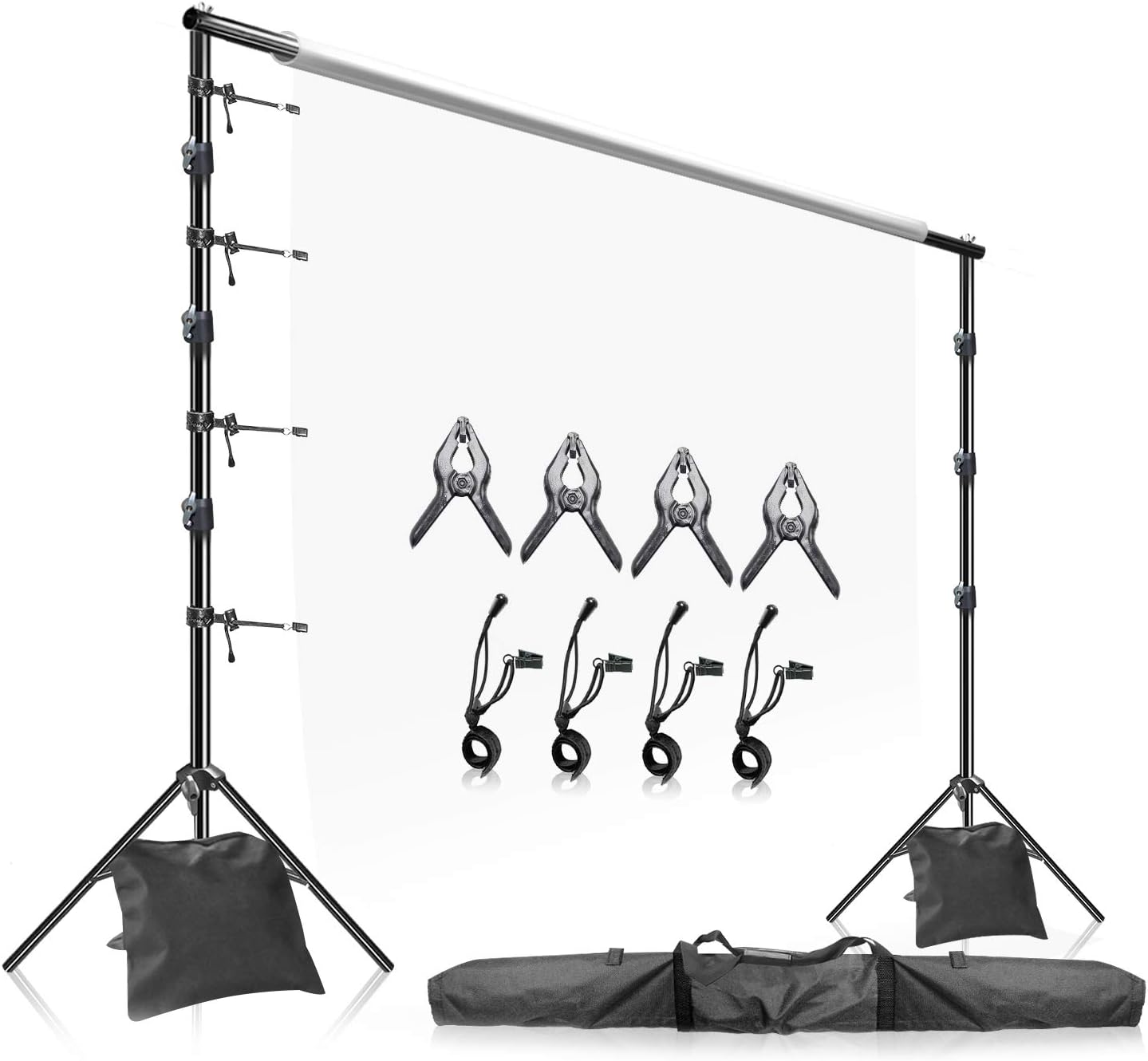LimoStudio Photo Video Studio 10' x 9.4' (W x H) Adjustable Muslin Backdrop Stands, Background Backdrop Support Kit with Super Clamps, Backdrop String Clip Holders, Sandbags, Carry Case Bag, AGG2862