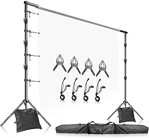 LimoStudio Photo Video Studio 10' x 9.4' (W x H) Adjustable Muslin Backdrop Stands, Background Backdrop Support Kit with Super Clamps, Backdrop String Clip Holders, Sandbags, Carry Case Bag, AGG2862