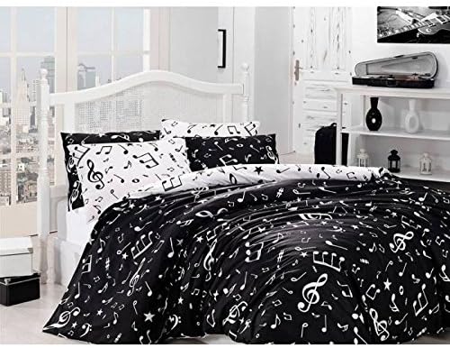 100% Cotton -6 Pieces- Black Musical Note Melody Full Double Size Duvet Cover Set