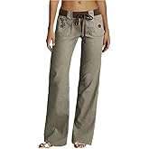 Flamingals Low Rise Cargo Wide Leg Pants for Women Drawstring Flap Pockets Y2K Bow Tie Casual Flare Pants