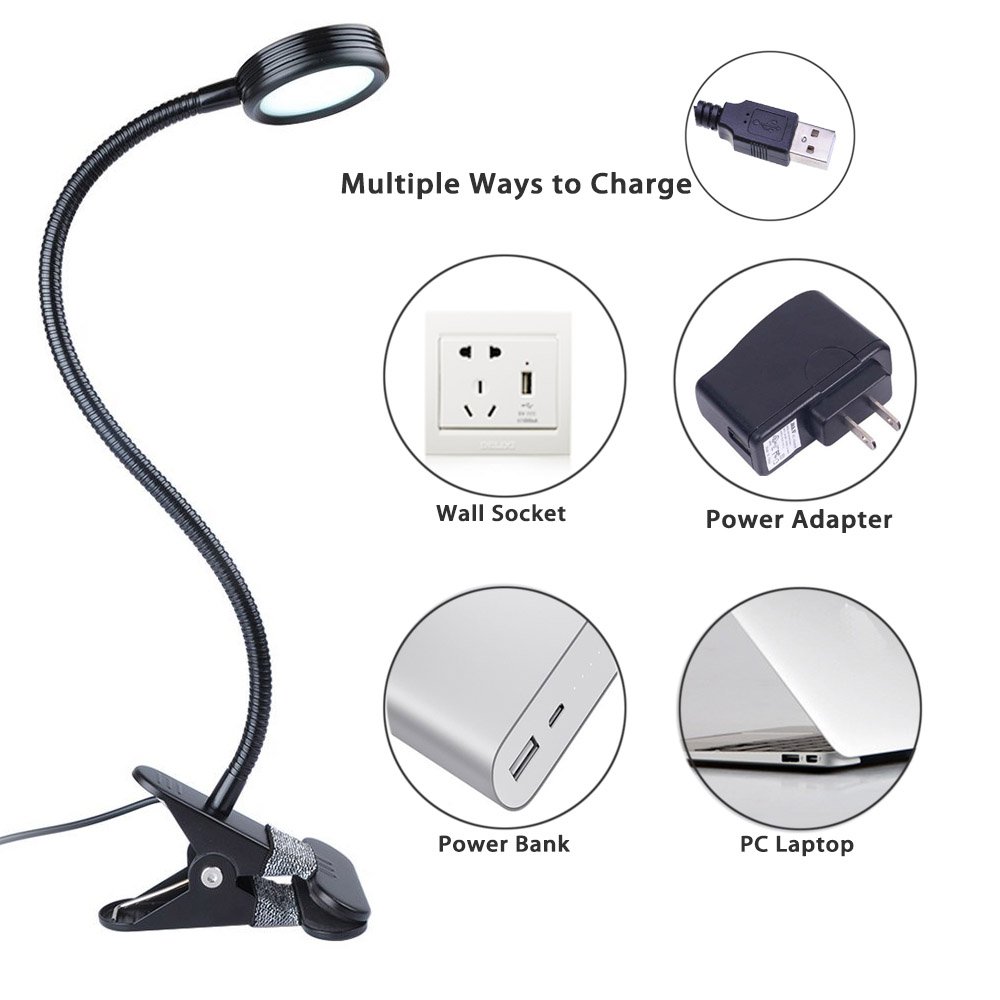 LUXJET Lámpara Flexo de pinza LED luz de lectura, 3 color de la iluminación, 2 modos de brillo regulable para estudio,Cama,luces infantiles de mesa y mesilla de noche de escritorio (negro)
