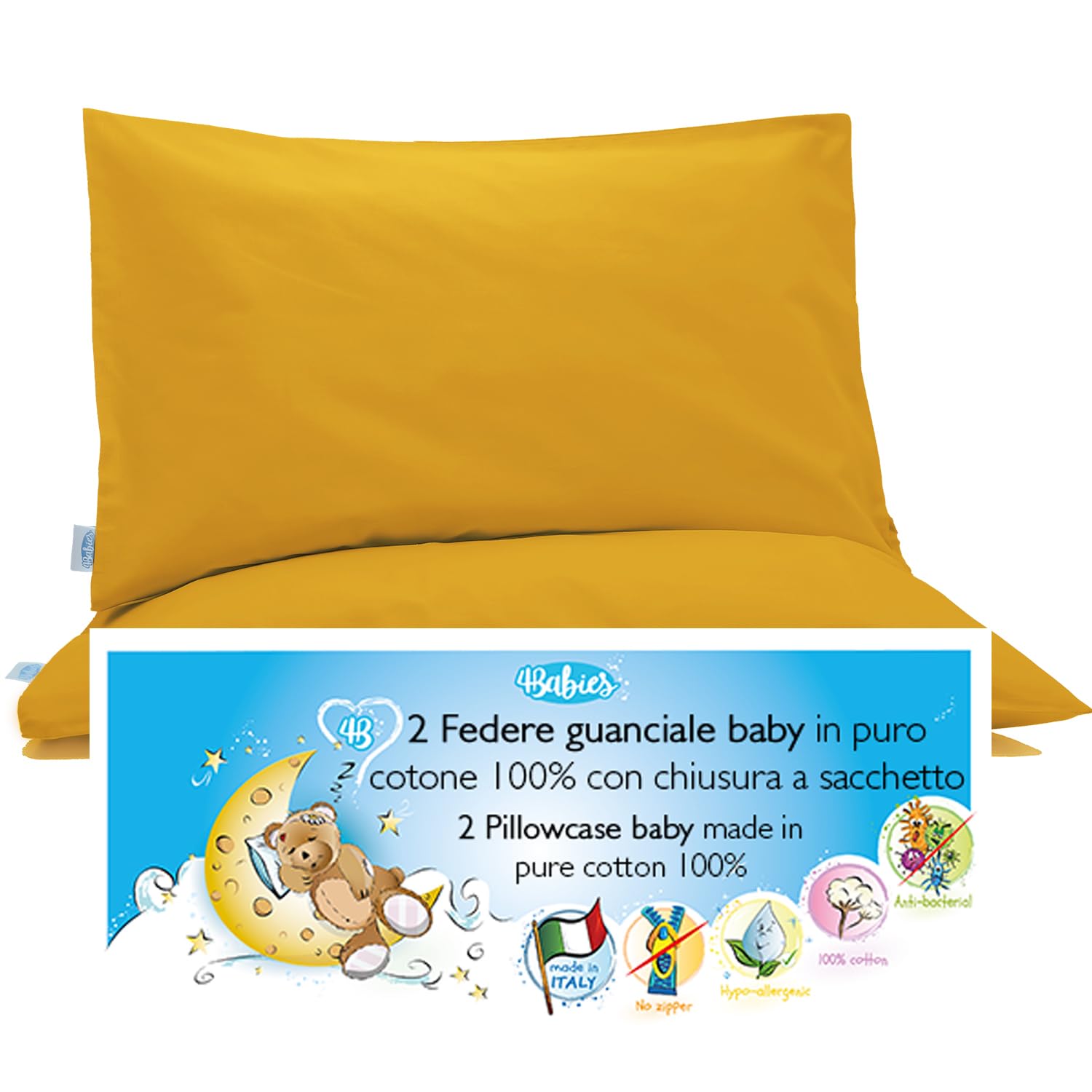 4BABIES- Baby Toddler Pillowcase 40X60 cm - Set of 2 Pillow Cases for cot and crib 100% PURE COTTON Made in Italy - Envelope closure - OEKO-TEX Certified - Children's bedding - Yellow