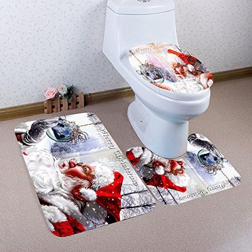 3PCS Christmas Bathroom Non-Slip Pedestal Rug + Lid Toilet Cover + Bath Mat Set #5