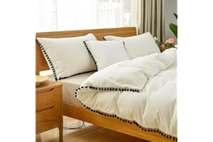 SOFTTA Vintage Black Pompom Bedding Set White Queen Size Girls 3Pcs Duvet Cover Set Baby Teen Farmhouse Quilt Cover Boho Chic 100% Washed Cotton Solid White