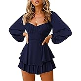 Fixmatti Women off Shoulder Rompers Lantern Long Sleeve Ruffle Tie Mini Shorts Jumpsuit