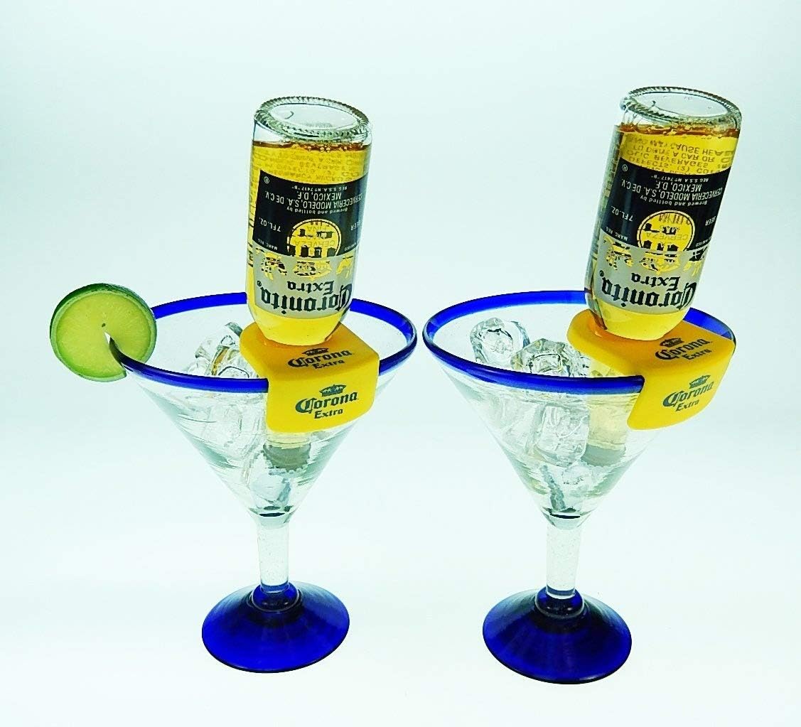 Mexican Glass Margarita Blue Rim 20 Oz with Coronarita Clips Corona