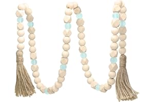 AceList Wood Bead Garland with Tassels, Geometric Wooden Craft Beads with Aqua Acrylic Beads, Boho Farmhouse Country Rustic Wall Hanging Rae Dunn Tiered Tray Coffee Table Beach Decor