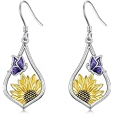 Sunflower/Dragonfly/Daisy Teardrop Dangle Earrings 925 Sterling Silver Boho Bohemian Sunflower Hook Earrings for Women Mothers Day Jewelry Gifts