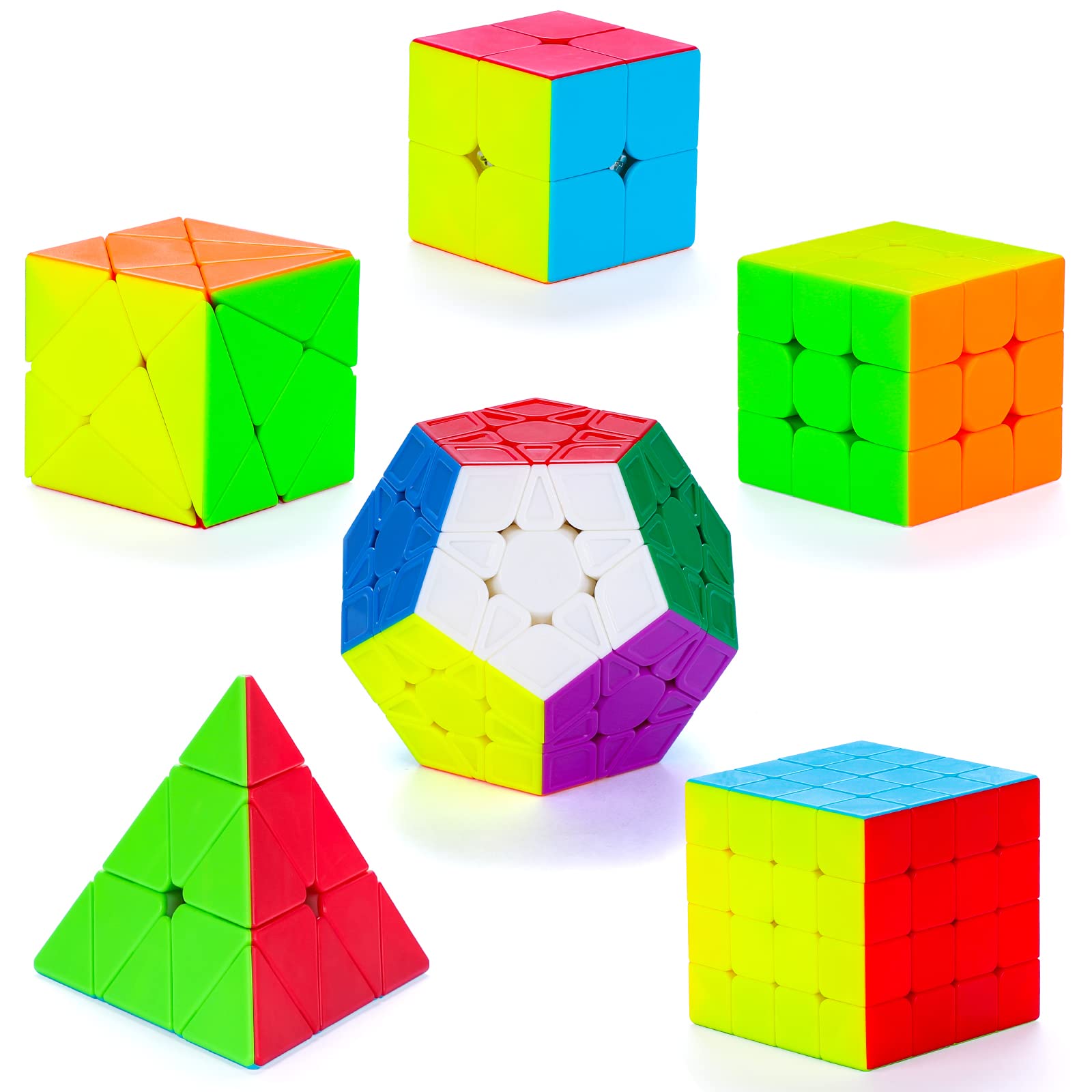 Coolzon Magic Cube Set, 6 Pack Speed Puzzles 2x2x2, 3x3x3, 4x4x4, Pyraminx, Megaminx, SkewCube Smooth Stickerless Cubes for Kids & Adults