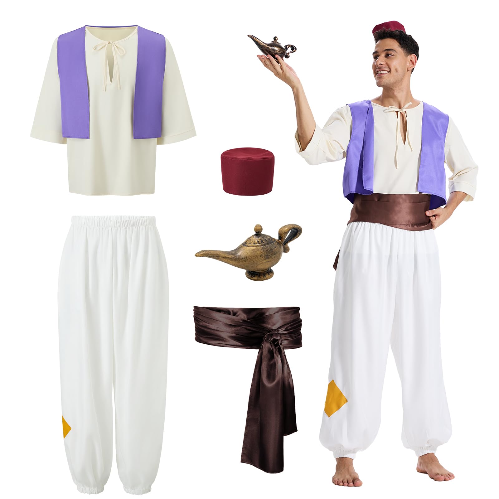 Photo 1 of ***(MISSING HAT)***Geehora Arabian Prince Costume for Men - Adjustable Polyester Set with Vest, Harem Pants & Lamp | Halloween Outfit