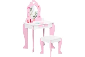 Qaba Kids Vanity Table & Chair Set, Girls Dressing Set, Make-up Desk with Drawer, Love Heart & Bow Patterns for 3-6 Years Old