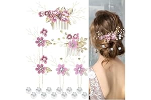 Cinaci 18 Pieces Bridal Wedding Party Prom Pearl Rhinestone Purple Flower Hair Side Combs Slides+U-shaped Flower Hair Pins+Twist Spiral Hairpins Floral Headpieces for Brides Bridesmaids Women Girls