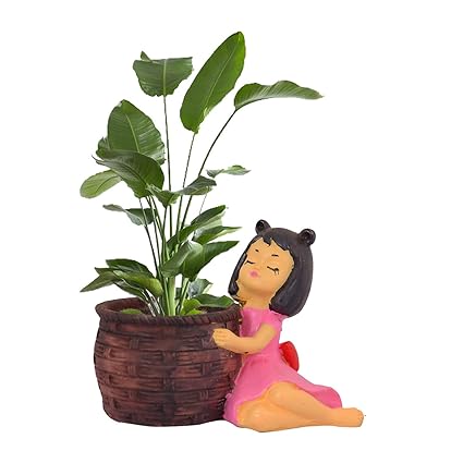 AC ANAND CRAFTS Polyresin Decorative Girl Holding Planter for Plants for Home/Office and Outdoor-Brown and Pink