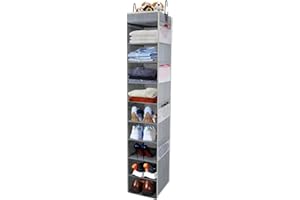 roomtalk Large-Sized Hanging Shoe Organizer 10-Shelf, Sturdy Hanging Closet Organizer with 8 Side Pockets, Wider Hanging Shelves for Storage Shoes Clothes Jeans Shirts Toys, Grey
