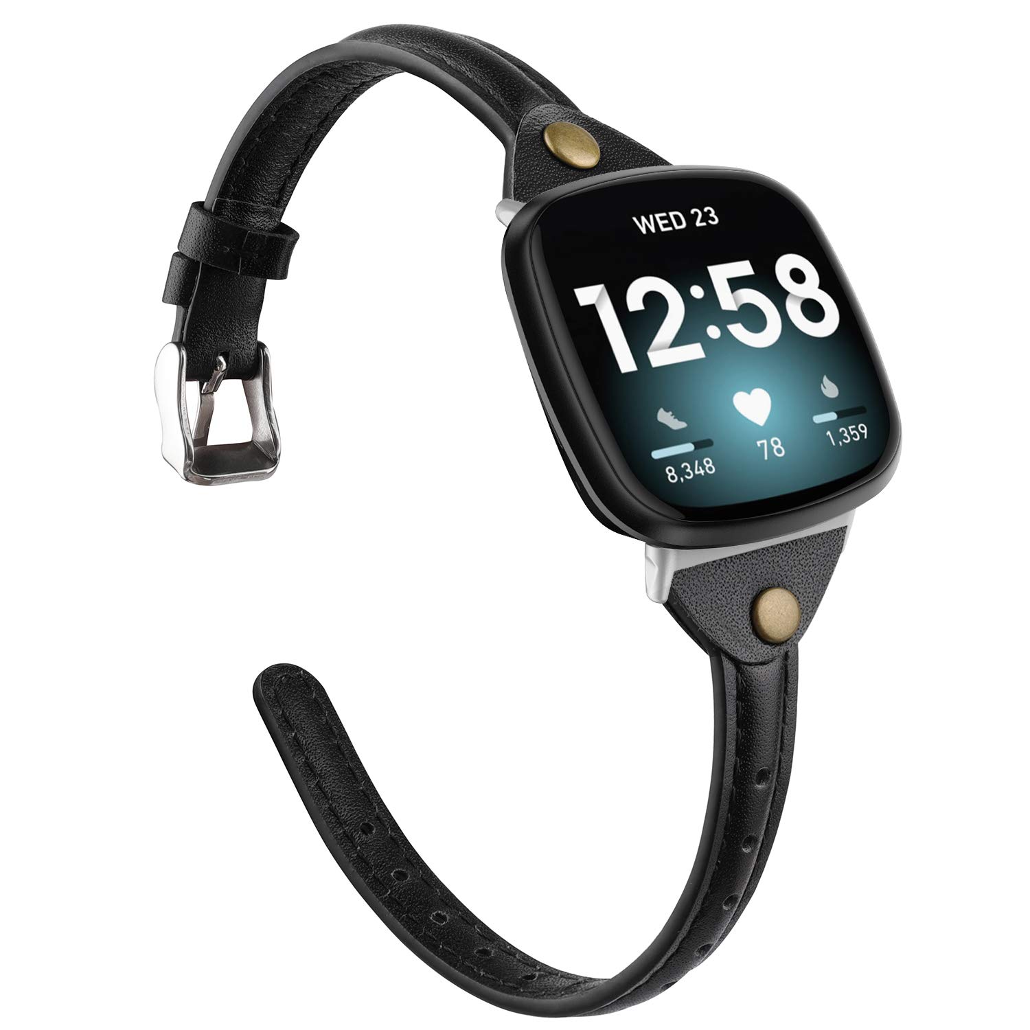 TOYOUTHS Leather Strap Compatible with Fitbit Versa 3/4 Sense Straps, Soft Slim Genuine Leather Wristband for Women, Black