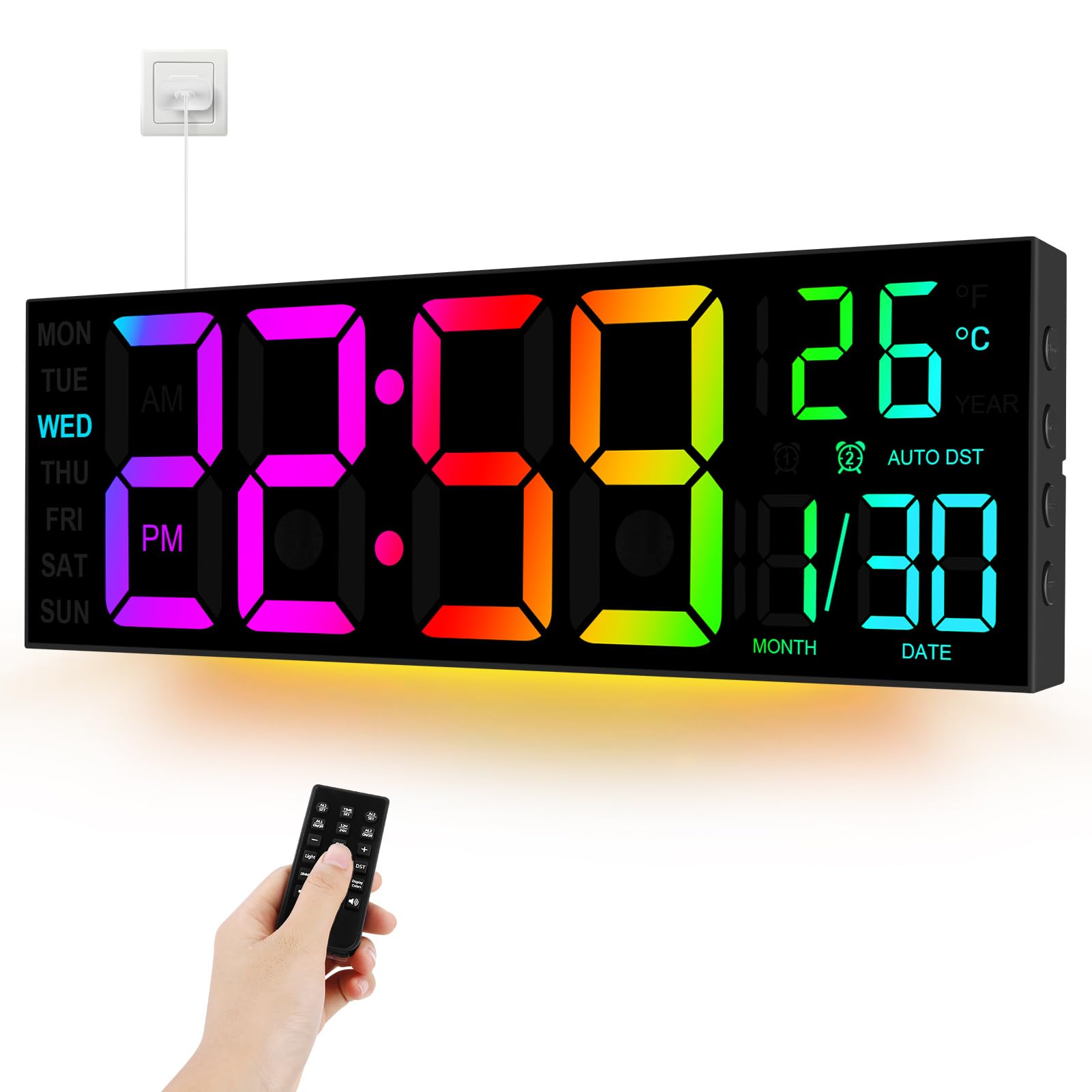 16'' Digital Wall Clock large display with Remote Control LED Dual Alarm Clocks with 8 RGB Colors - Lights Adjustable Brightness - Date-Auto DST - Temperature Memory Function - for Home, Gym, Office