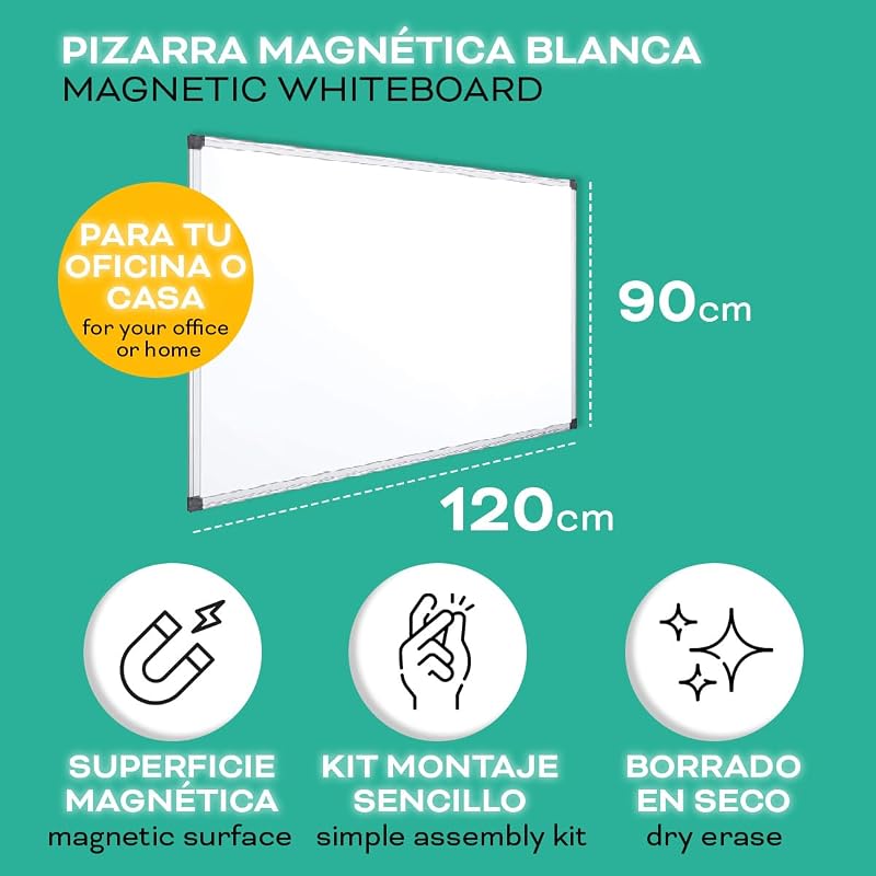 Pizarra Magnética Blanca, Pizarra Marco de Aluminio, Superficie Lisa Fácil de Borrar, Pizarra para Tomar Notas, Dibujar, Enseñar u Organizar, Herramienta para Oficina y Escuela - Ofituria (120x90) — foto 2 de 6