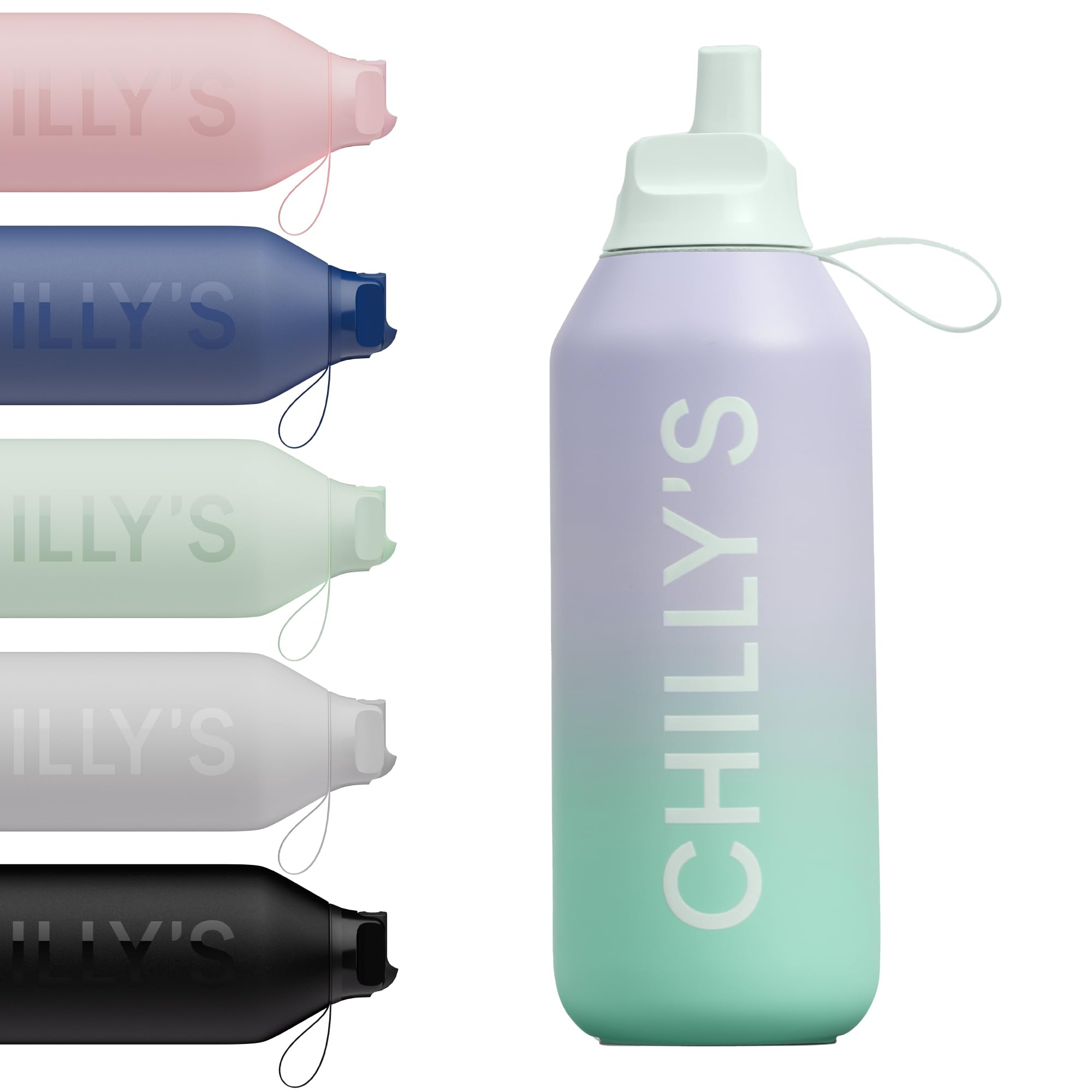 Chilly's Series 2 Flip Water Bottle with Sports Lid - Vacuum Insulated Stainless Steel Water Bottle with Straw, Carry Loop, & Cleaning Brush - No Sweat - 500ml - Morning Haze — image 1