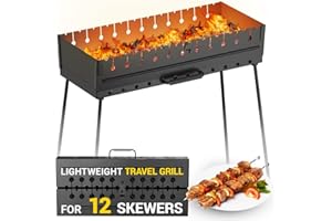 MHH Charcoal Grill for 12 Skewers - Portable Barbecue Camp Grills - Mangal Schaschlik Foldable Metal Mangal - Kebab Shish BBQ for EDC Picnic Outdoor Cooking Camping Hiking NB12