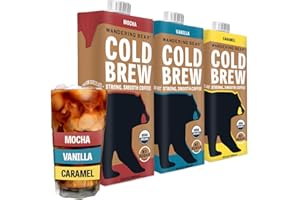 Wandering Bear Extra Strong Organic Cold Brew Coffee, Variety Pack, 32 fl oz, 3 pack - Vanilla, Caramel, & Mocha - Ready to Drink Iced Coffee, Cold Brewed Coffee, Cold Coffee