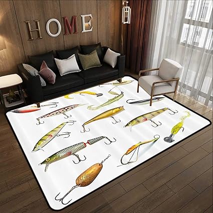 Kids Rugs For Playroom Fishing Decor Fathers Day Idea Fishing Tackle Bait For Spearing Trapping Catching Aquatic Animals Molluscs Design Multi 47 X