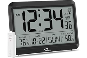 WallarGe Atomic Clock with Indoor Outdoor Temperature - Digital Clock Battery Operated, Self-Setting, 4 Time Zones, DST