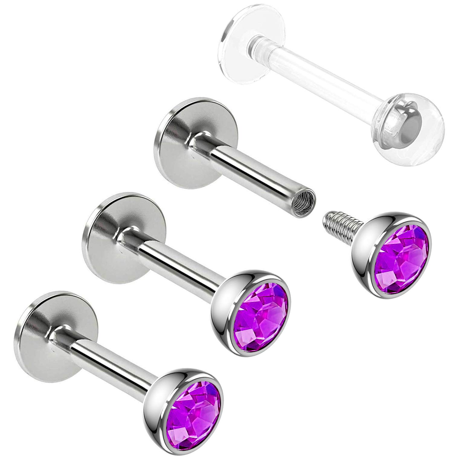 Bling Piercing 3pc 16g 1.2mm 6mm Labret Bar Stud Lip Ring 3mm Amethyst CZ Snake Bite Marilyn Monroe 6mm + Clear Retainer Keeper
