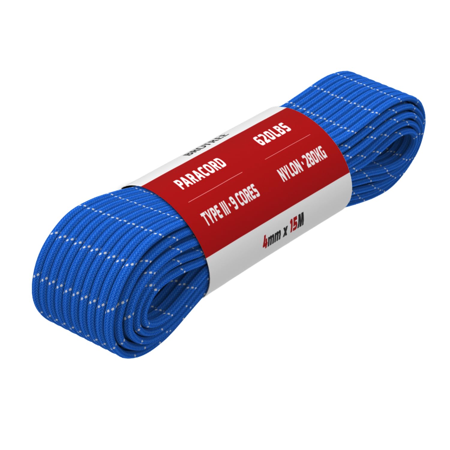 Brotree Paracord 4mm 15M 9 Strands 100% Nylon Rope Type 3 Parachute Cord for Outdoor, Bracelet, DIY - 280kg Breaking Load (Reflective Dark Blue)